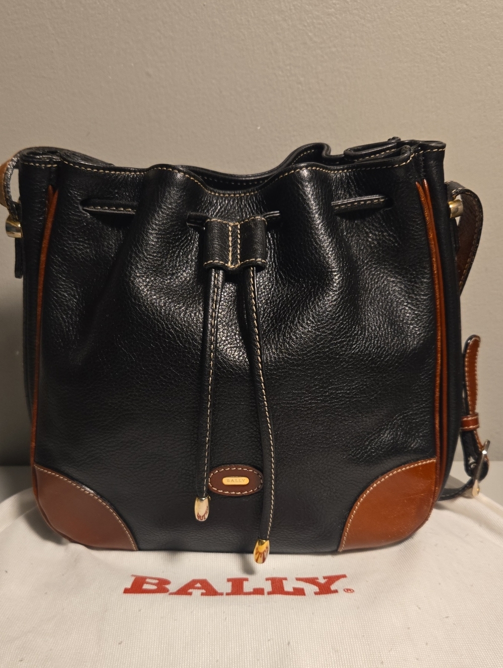 Bally Leather Bucket Crossbody Black & Cognac